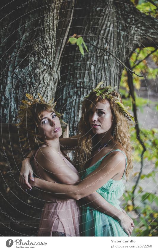 Ein junges Frauenpaar, das im Wald steht. Lifestyle elegant Stil Mensch feminin androgyn Homosexualität Junge Frau Jugendliche Erwachsene Freundschaft Paar