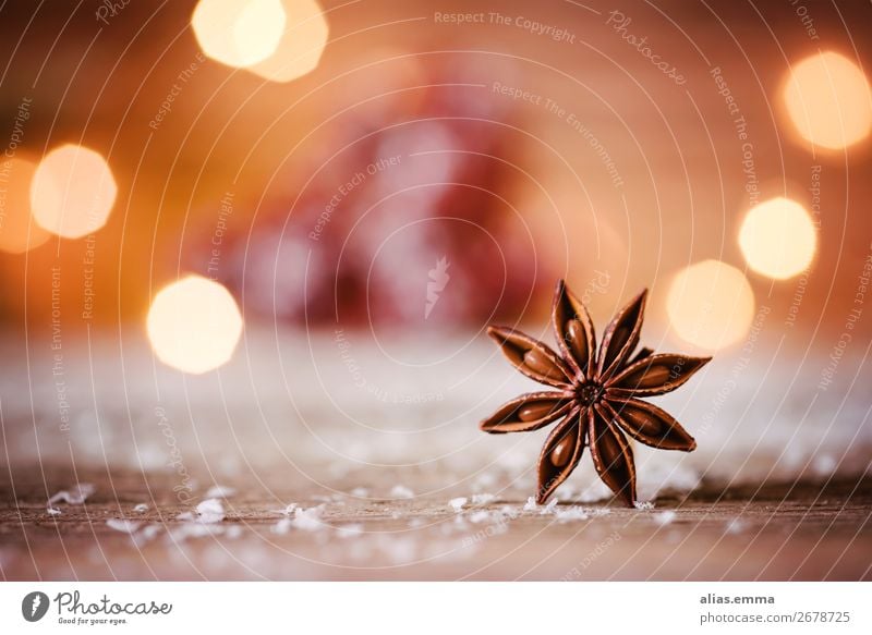 Weinachtlicher Sternanis Weihnachten & Advent Stern (Symbol) Postkarte Makroaufnahme Unschärfe rot orange Schnee Schneefall rustikal Dezember Kräuter & Gewürze