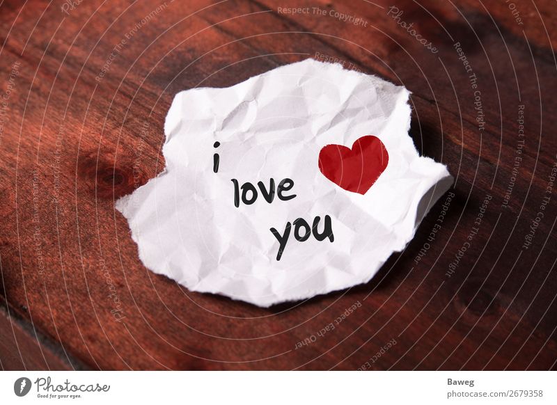 Notiz "i love you" auf weißem Papierschnipsel Freude Familie & Verwandtschaft Freundschaft Paar Zettel Holz Zeichen Schriftzeichen Herz Liebe Liebespaar