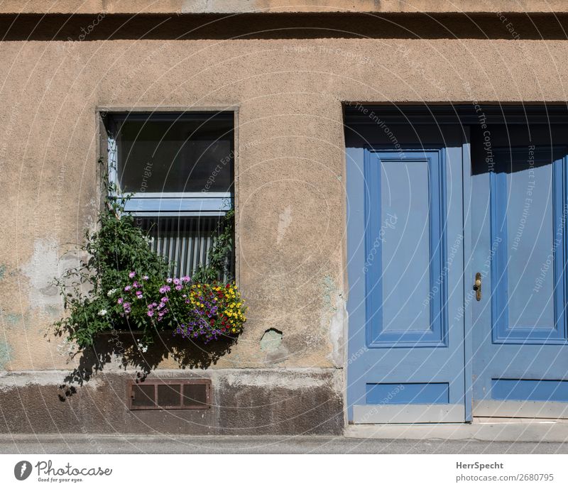 Fenstergarten Dorf Kleinstadt Stadt Bauwerk Gebäude Mauer Wand Garten Tür ästhetisch außergewöhnlich Freundlichkeit niedlich retro blau mehrfarbig Blumenkasten