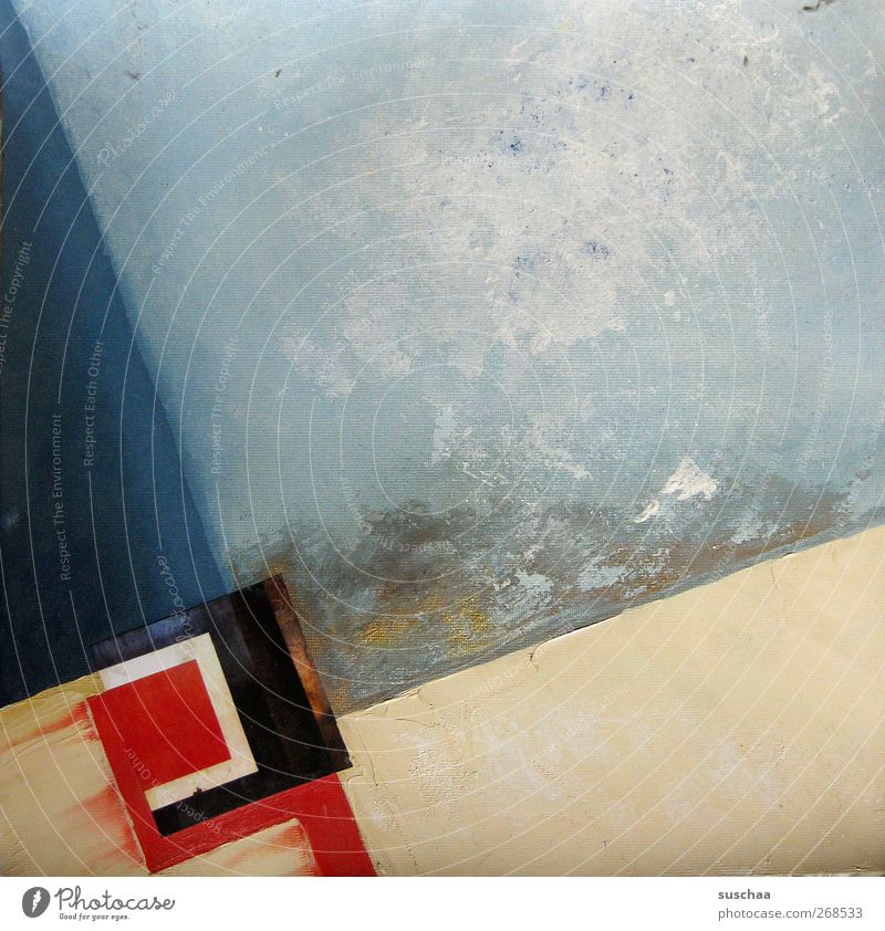 bild Kunst Kunstwerk Gemälde blau rot abstrakt Ölfarbe Leinwand Kollage Farbfoto Außenaufnahme Strukturen & Formen Menschenleer Textfreiraum oben