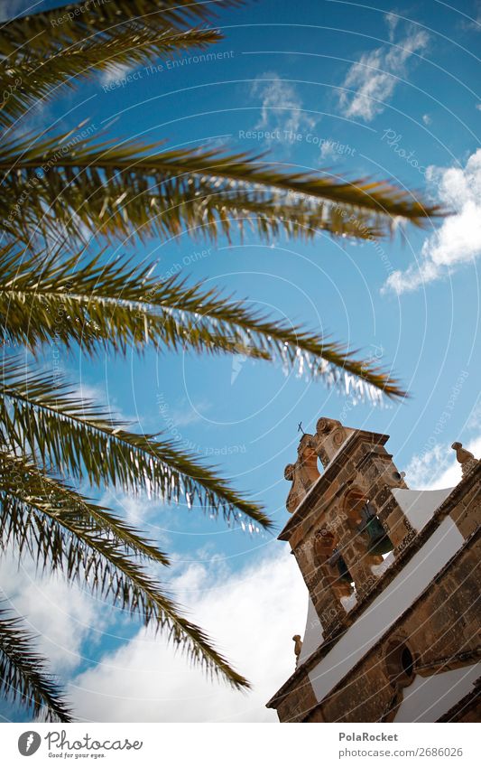 #AS# Kirche schräg Kunst ästhetisch Himmel Himmel (Jenseits) Religion & Glaube Gotteshäuser Fuerteventura Palmenwedel Urlaubsfoto Städtereise Farbfoto