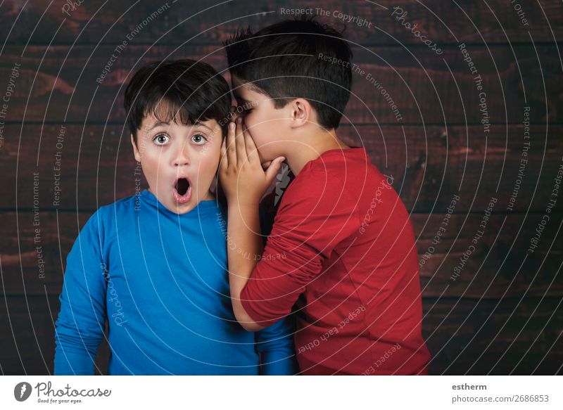 Porträt von zwei Jungen flüstern Geheimnis auf hölzernen Hintergrund Lifestyle sprechen Mensch maskulin Kind Geschwister Bruder Freundschaft Kindheit 2