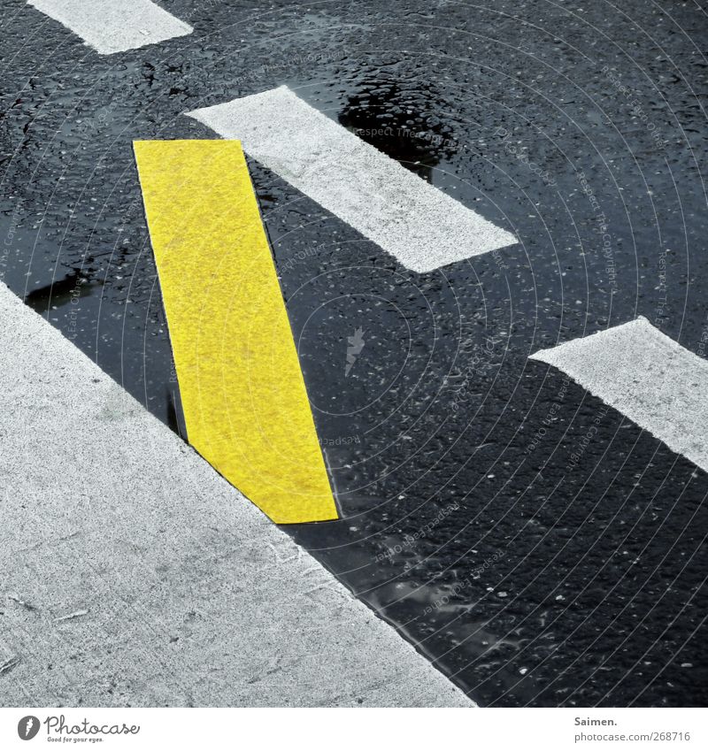 brückenschlag Verkehr Straße Verkehrszeichen Verkehrsschild Toleranz Fahrbahnmarkierung gelb Streifen Strukturen & Formen Asphalt Reflexion & Spiegelung nass