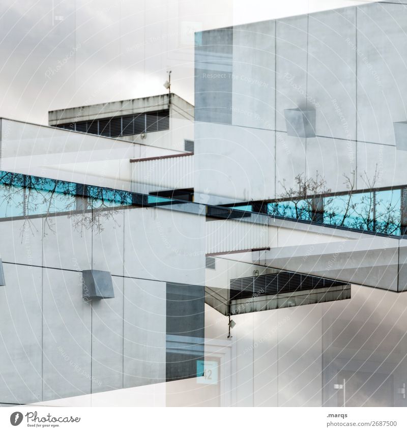 :| Bauwerk Gebäude Architektur Fassade Fenster Flachdach Blick außergewöhnlich modern verrückt blau grau ästhetisch Perspektive skurril Immobilienmarkt Farbfoto