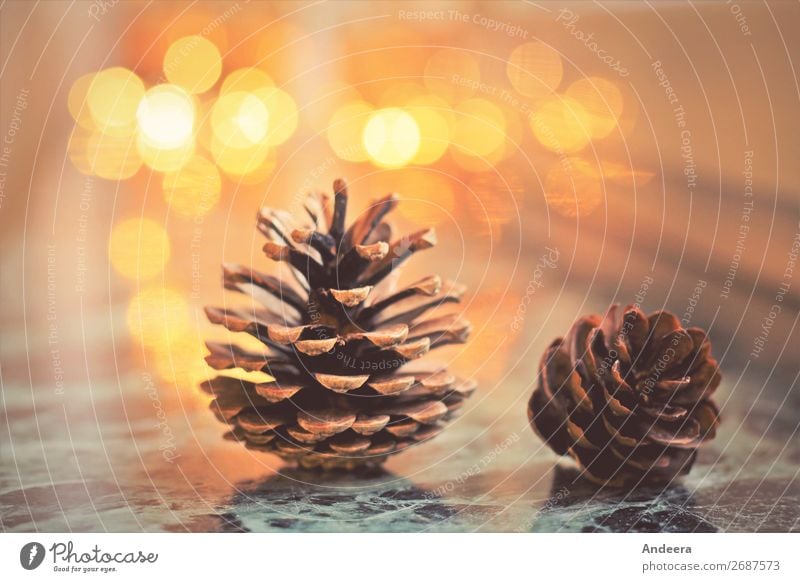 Weihnachtsdekoration mit Tannenzapfen und Lichtern auf glatter Fläche mit Bokeh Winter Wohnung Weihnachten & Advent Dekoration & Verzierung Holz leuchten