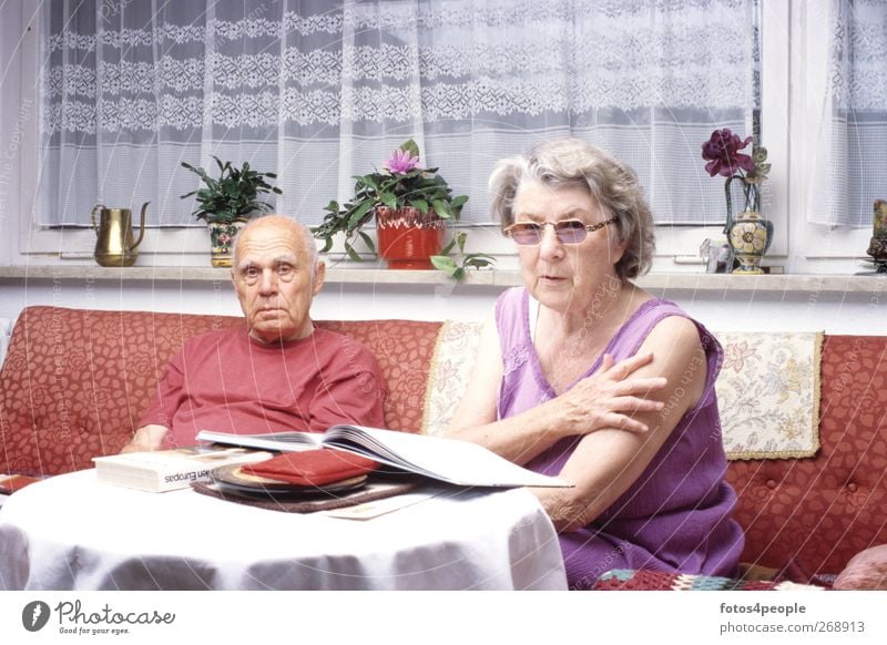 Senioren-Unterhaltung lesen Häusliches Leben Sofa Tisch Wohnzimmer Großeltern Großvater Großmutter 2 Mensch 60 und älter Zusammensein Lebensfreude Idylle