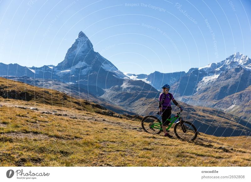 #776 Schweiz Matterhorn Wahrzeichen Berge u. Gebirge Dorf wandern Mountainbike Trail Wege & Pfade Farbfoto weiches Licht Gipfel Wiese friedlich Schnee Gletscher