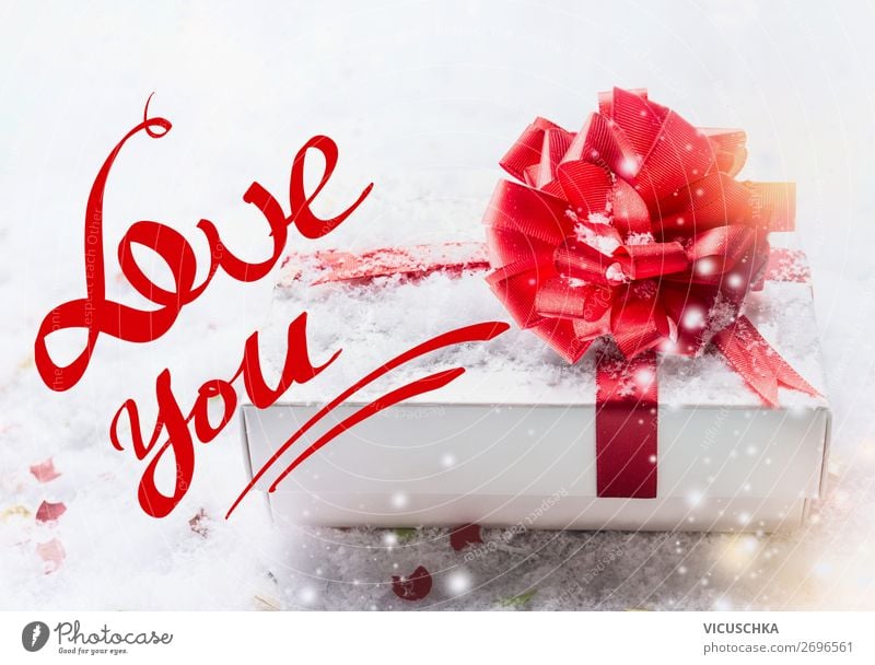 Love you Text mit weißer Geschenkbox und rote Schleife Stil Design Dekoration & Verzierung Party Feste & Feiern Valentinstag Herz Fahne Liebe Gefühle Postkarte