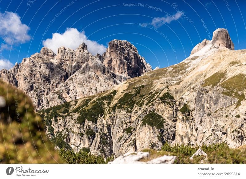 # 830 Drei Zinnen Dolomiten Sextener Dolomiten Weltkulturerbe Hochebene Farbfoto wandern Fußweg Gipfel Bergsteigen Alpen Berge u. Gebirge Schönes Wetter Wiese