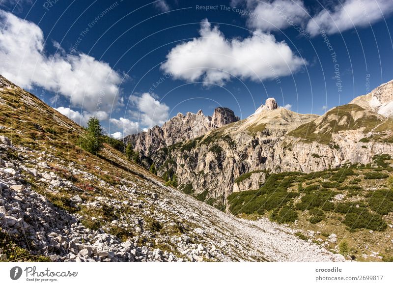 # 828 Drei Zinnen Dolomiten Sextener Dolomiten Weltkulturerbe Hochebene Farbfoto wandern Fußweg Gipfel Bergsteigen Alpen Berge u. Gebirge Schönes Wetter Wiese