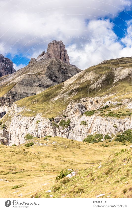 # 823 Drei Zinnen Dolomiten Sextener Dolomiten Weltkulturerbe Hochebene Farbfoto wandern Fußweg Gipfel Bergsteigen Alpen Berge u. Gebirge Schönes Wetter Wiese