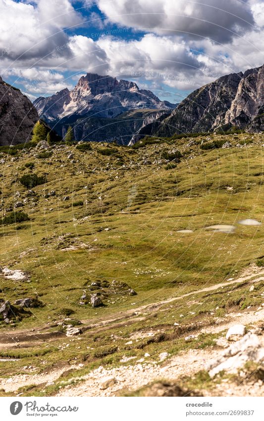 # 817 Drei Zinnen Dolomiten Sextener Dolomiten Weltkulturerbe Hochebene Farbfoto wandern Fußweg Gipfel Bergsteigen Alpen Berge u. Gebirge Schönes Wetter Wiese