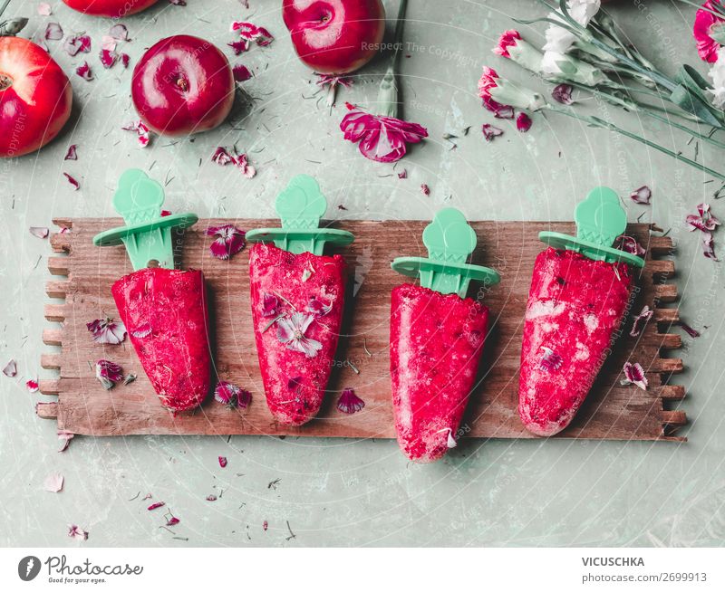 Obst Eiscreme am Stiel Lebensmittel Frucht Speiseeis Ernährung Bioprodukte Stil Design Gesunde Ernährung Sommer Häusliches Leben Tisch rosa rot Foodfotografie