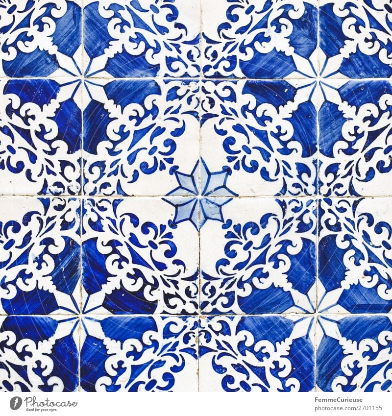 Colored wall tiles in Portugal Haus blau weiß Fliesen u. Kacheln Lissabon Muster Blüte gemalt Strukturen & Formen blau-weiß Kunst Farbfoto Außenaufnahme Tag