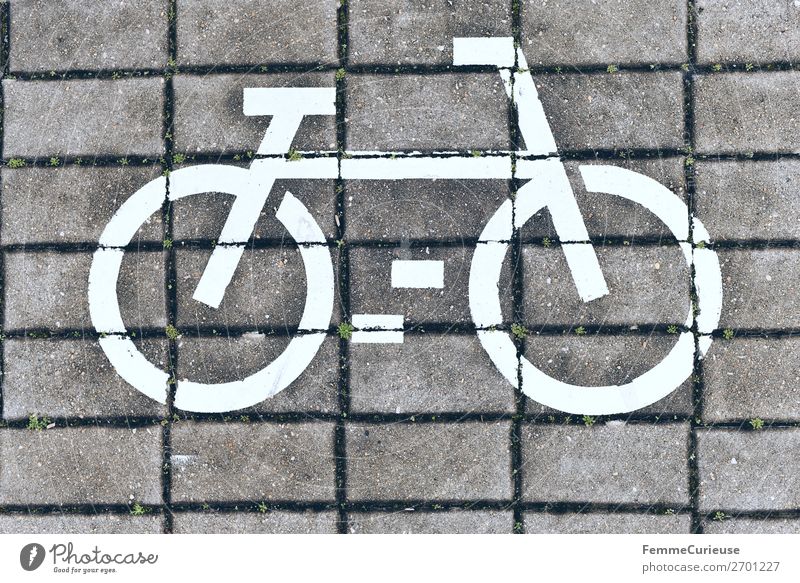 White bicycle symbol on cobblestones Zeichen Schilder & Markierungen Bewegung Fußweg Bürgersteig weiß Pflastersteine Fahrrad Fahrradweg Fahrradfahren