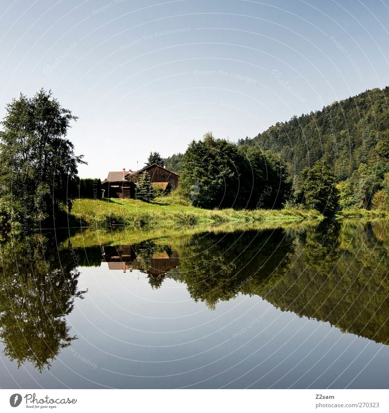 hüttn Ferien & Urlaub & Reisen Sommer Natur Landschaft Wasser Wolkenloser Himmel Baum Sträucher See Fluss Hütte Erholung ästhetisch ruhig Abenteuer
