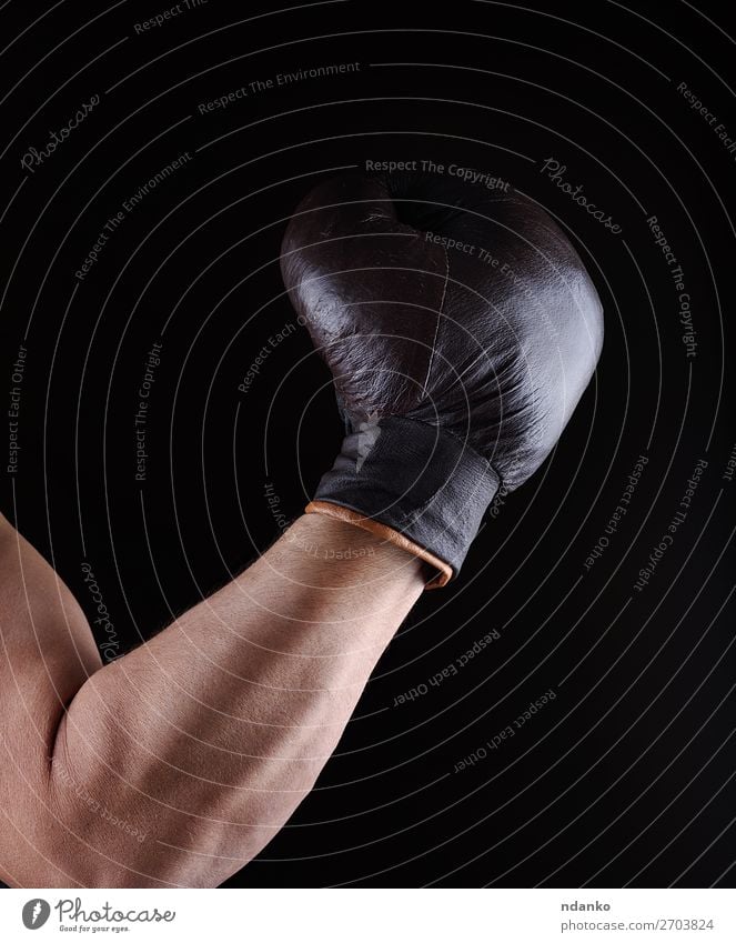 Die Männerhand trägt einen braunen Lederboxhandschuh. Lifestyle Körper sportlich Fitness Sport Sportler Erfolg Hand 30-45 Jahre Erwachsene Handschuhe alt stehen