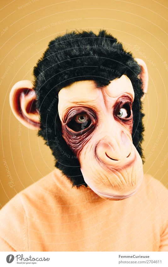 Portrait of a woman with monkey mask feminin Frau Erwachsene 1 Mensch 18-30 Jahre Jugendliche 30-45 Jahre seriös ernst skeptisch Wut Maske Karneval