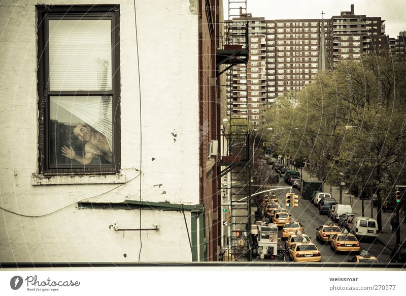 Der Mann? am Fenster? New York City USA Nordamerika Stadt Haus Verkehr Verkehrsmittel Straßenverkehr Freude Suche Farbfoto Gedeckte Farben Außenaufnahme Tag