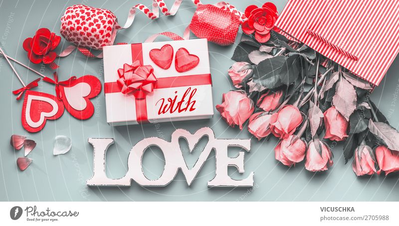 Romantische Valentinstag Composing Stil Design Dekoration & Verzierung Party Veranstaltung Feste & Feiern Blume Rose Blumenstrauß Schleife Schriftzeichen Herz