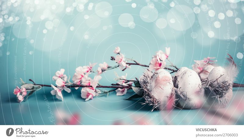 Ostereiern Hintergrund mit Frühlingsblüten Stil Design Häusliches Leben Dekoration & Verzierung Feste & Feiern Ostern Natur Blatt Blüte Fahne trendy rosa türkis