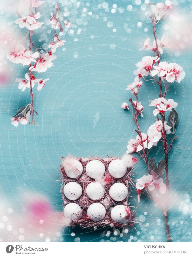 Ostern Hintergrund mit Eier and Kirschbüten Stil Design Leben Feste & Feiern Natur Frühling Dekoration & Verzierung Blumenstrauß türkis weiß Tradition