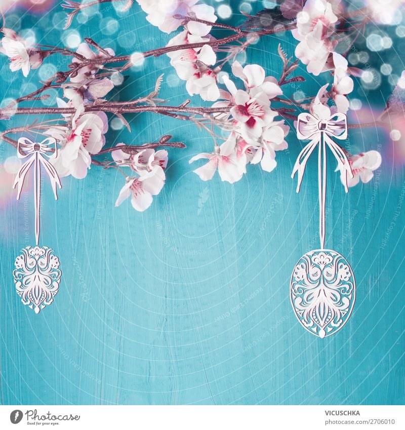 Ostern Hintergrund mit Frühlingsblüten und hängenden Eier Stil Design Dekoration & Verzierung Feste & Feiern Blüte Blumenstrauß gelb rosa Hintergrundbild