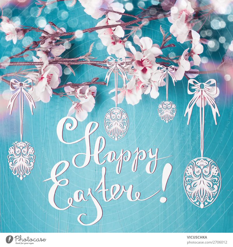 Happy Easter. Ostern Grußkarte mit Text Stil Design Dekoration & Verzierung Feste & Feiern Natur Pflanze Frühling Blatt Blüte Zeichen gelb rosa