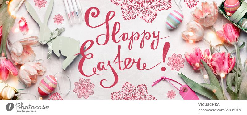 Happy Easter. Ostern Grußkarte Stil Design Dekoration & Verzierung Feste & Feiern Tulpe Blumenstrauß Zeichen rosa Tradition happy easter Symbole & Metaphern