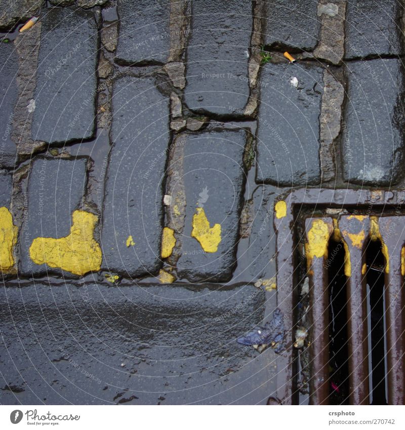 Blick in den Abgrund Straße "Gully Pflasterstein Markierung Steine Bordstein" alt dunkel trashig gelb Naß Rost Farbfoto Außenaufnahme Nahaufnahme