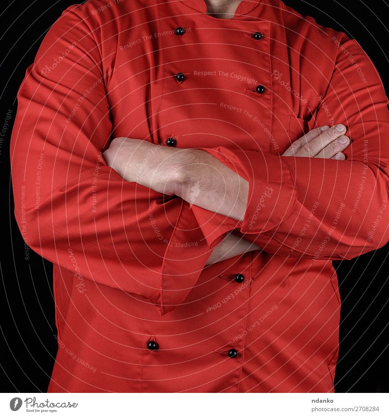 Koch in roter Uniform kreuzte die Arme über der Brust. elegant Stil Küche Restaurant Beruf Mann Erwachsene Hand 30-45 Jahre Bekleidung Jacke stehen schwarz