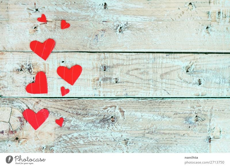 Valentinstag Hintergrund mit roten Herzen Stil Design Dekoration & Verzierung Feste & Feiern Holz Liebe niedlich blau türkis Romantik Partnerschaft Farbe Idee