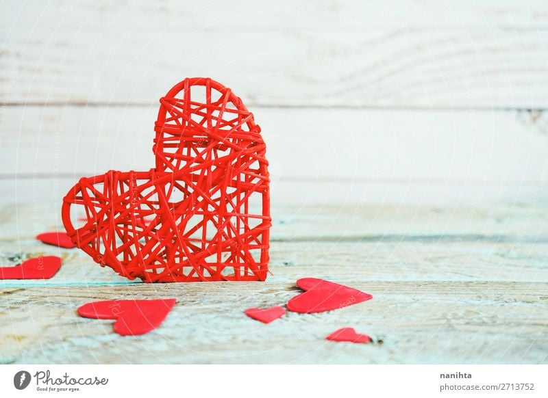 Valentinstag Hintergrund mit roten Herzen Design Dekoration & Verzierung Holz Liebe Fröhlichkeit frisch schön niedlich blau türkis Romantik Partnerschaft Farbe