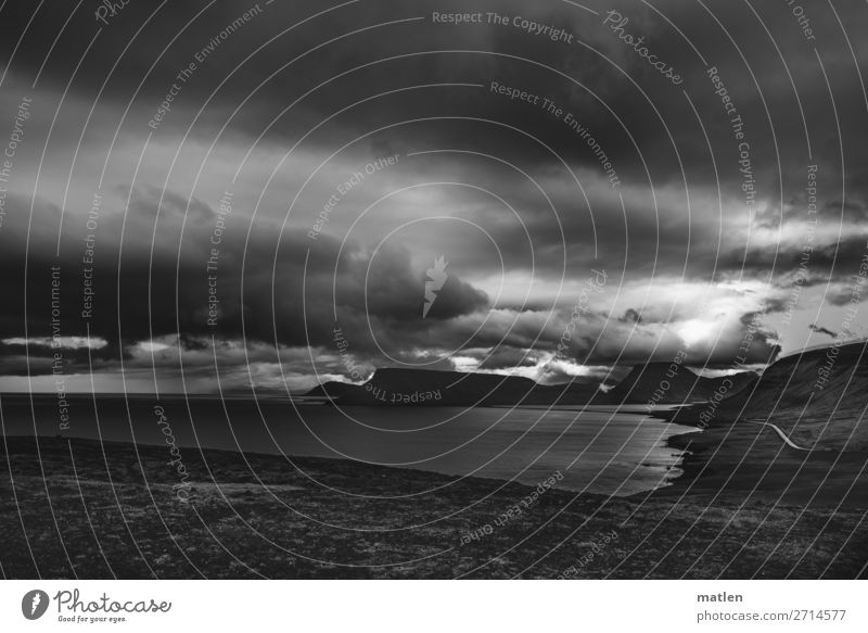 Island Natur Landschaft Himmel Wolken Gewitterwolken Horizont Frühling schlechtes Wetter Wind Gras Felsen Berge u. Gebirge Gipfel Küste Strand Fjord Meer