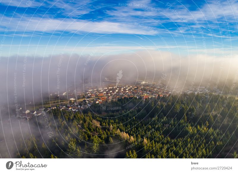 Aerial view out of the clouds Umwelt Natur Landschaft Himmel Wolken Frühling Sommer Klima Wetter Schönes Wetter Wald Bubsheim Dorf bevölkert Haus atmen fliegen