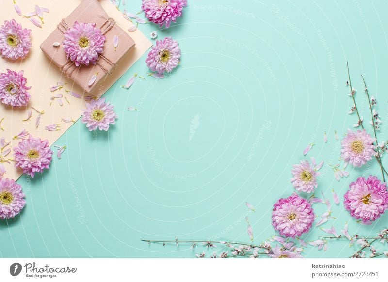 Blumenkomposition mit Blumen und Geschenkbox Design Dekoration & Verzierung Hochzeit Frau Erwachsene Mutter Kunst oben gelb rosa Kreativität Hintergrund