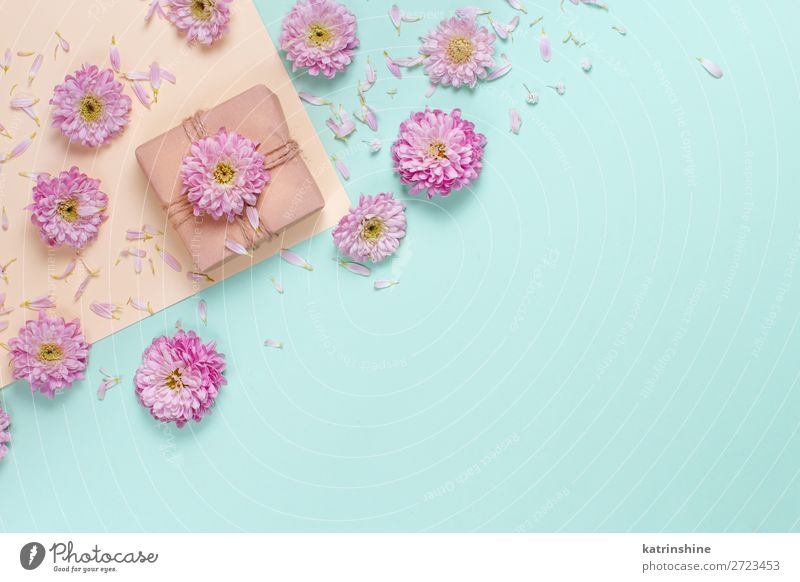 Blumenzusammensetzung mit Geschenkbox Design Dekoration & Verzierung Hochzeit Frau Erwachsene Mutter Kunst oben gelb rosa Kreativität Hintergrund Postkarte