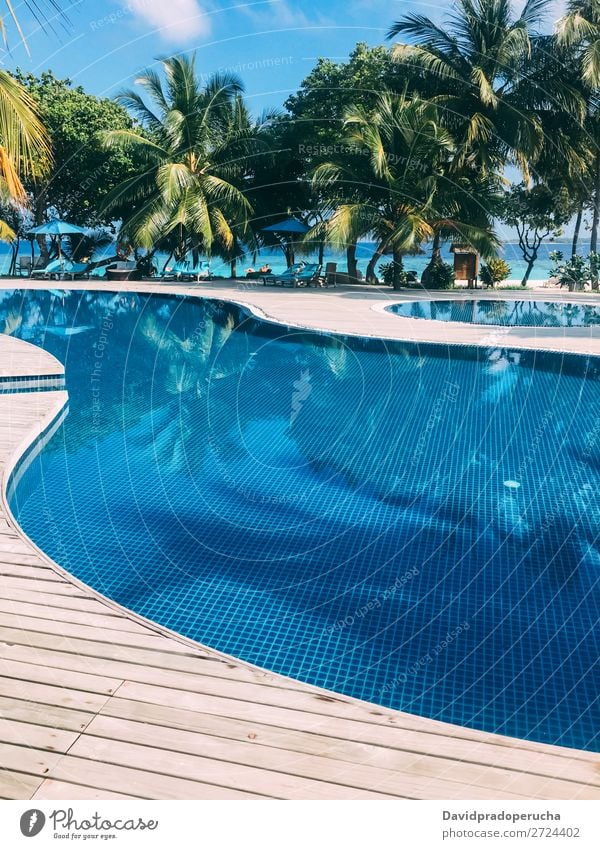 Malediven Insel Luxus Resort Schwimmbad Ferien & Urlaub & Reisen Lagune Idylle Reichtum Landschaft Küste tropisch Paradies exotisch Riff Aussicht Atoll