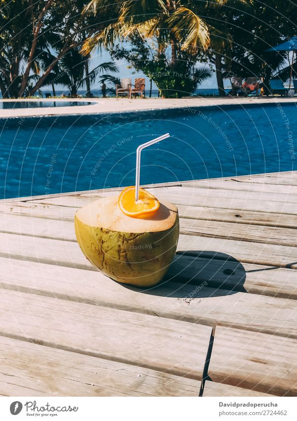 Frische Kokosnuss am Schwimmbad Malediven Orange Frucht Saft Gesundheit Ferien & Urlaub & Reisen trinken Resort frisch Erholung Insel Idylle Reichtum Landschaft