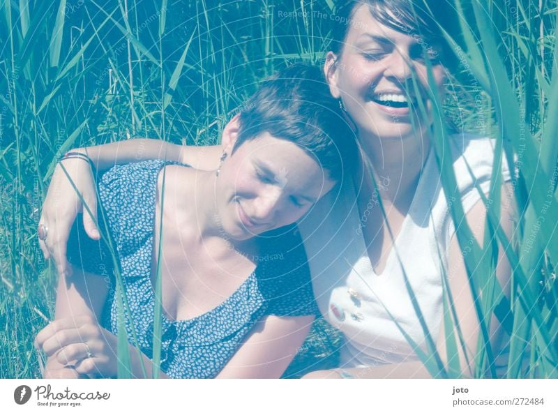 zweisam feminin Homosexualität Jugendliche 2 Mensch Sommer Schilfrohr berühren Lächeln lachen Fröhlichkeit Glück positiv Freude Zufriedenheit Lebensfreude
