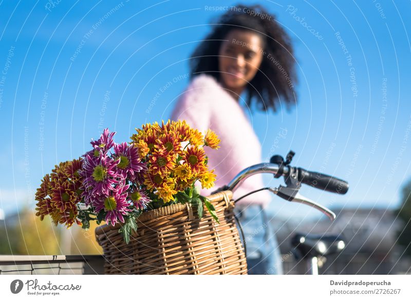 Schwarze junge Frau auf einem Oldtimer-Fahrrad Mädchen altehrwürdig Ausritt schön retro Blume Sonnenstrahlen Glück Blumenstrauß Sommer Jugendliche hübsch