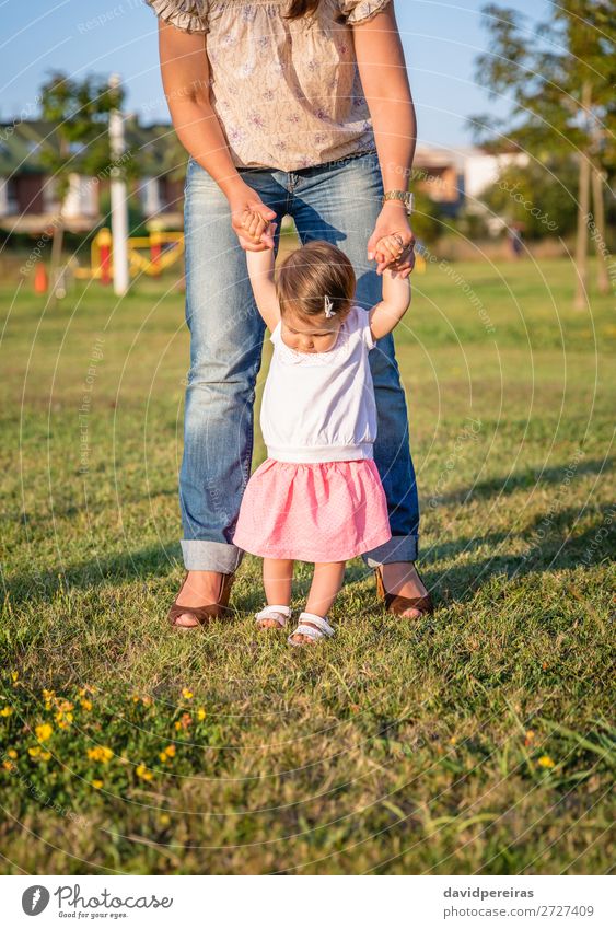 Baby-Mädchen lernen, mit seiner Mutter auf Gras zu gehen Lifestyle Freude Glück Freizeit & Hobby Sommer Garten Schule Mensch Kleinkind Frau Erwachsene