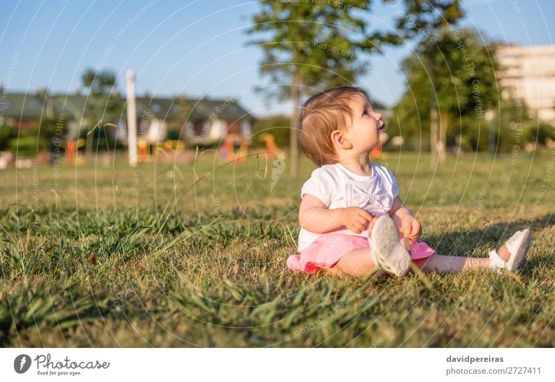 Glückliches kleines Mädchen beim Spielen, das auf einem Rasenplatz sitzt. Lifestyle Freude schön Freizeit & Hobby Sommer Garten Kind Mensch Baby Kleinkind