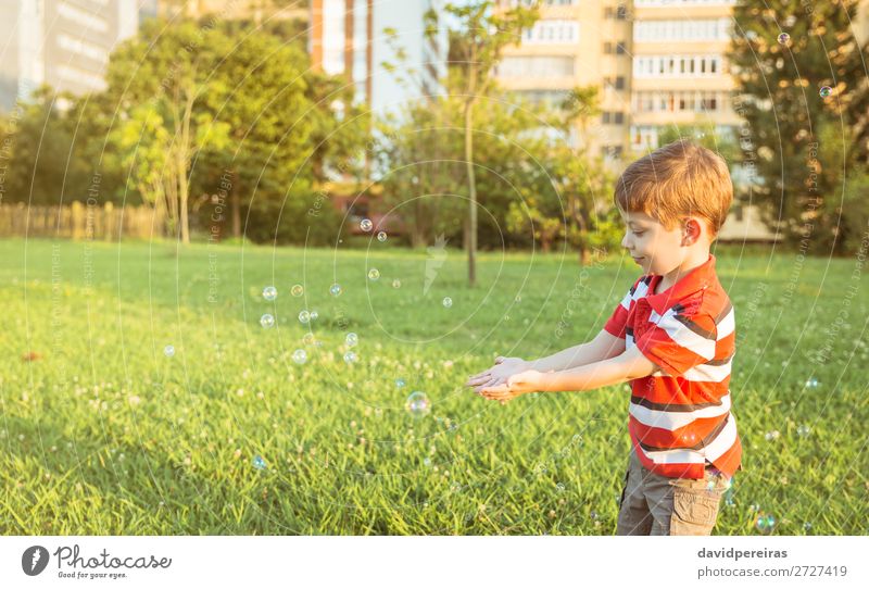 Glücklicher Junge spielt mit Seifenblasen im Park. Lifestyle Freude schön Leben Erholung Freizeit & Hobby Spielen Freiheit Sommer Garten Kind Mensch Mann