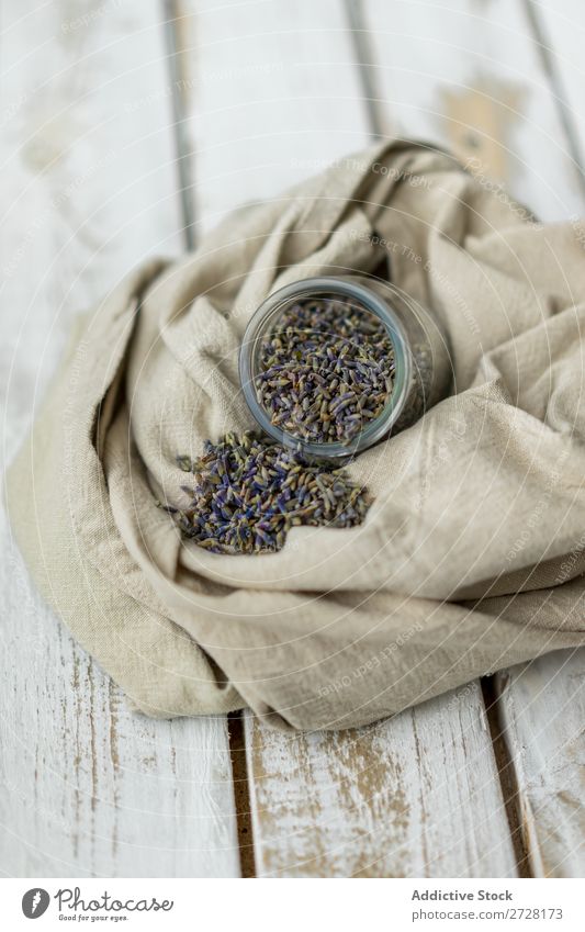 Rustikale Anordnung von aromatischen Samen im Glas rustikal Saatgut Lavendel Stil frisch organisch Geschmack Leinwand Zusammensetzung Duft Kräuter & Gewürze