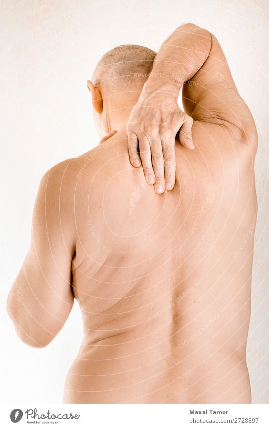 Mann leidet an Brustwirbelschmerzen Körper Gesundheitswesen Krankheit Medikament Massage Mensch Erwachsene Hand muskulös Schmerz Stress Neuralgie Schmerzen