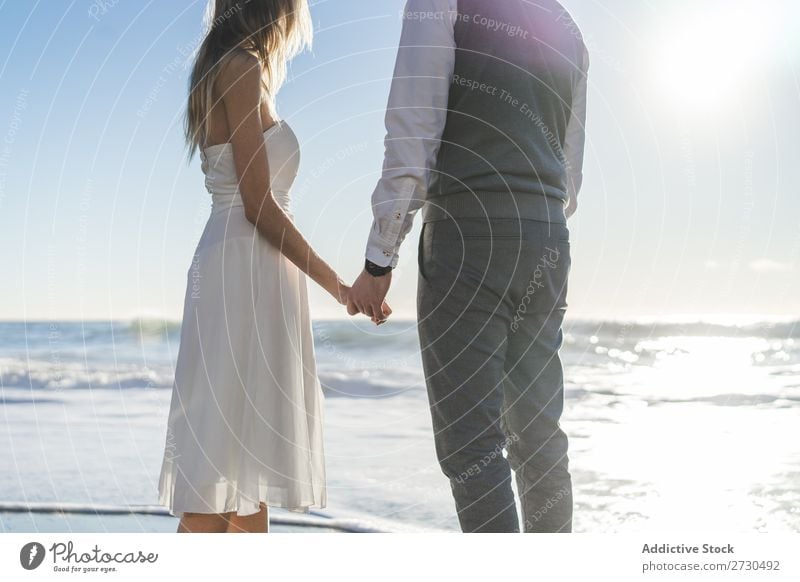 Schönes Brautpaar, das am Ufer posiert. Paar hochzeitlich Strand Fröhlichkeit Seeküste Händchenhalten heiter Außenaufnahme Zusammensein Zufriedenheit Sommer