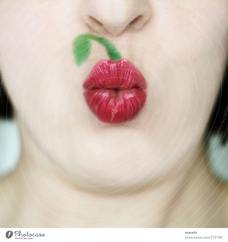 Kirschmund Stil Mensch feminin Junge Frau Jugendliche Erwachsene Haut Mund Lippen 1 rosa rot Stimmung Kirsche angemalt Schminke Schminken kirschmund