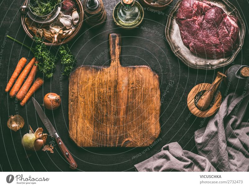 Schneidebrett Hintergrund mit Fleisch Zutaten Lebensmittel Ernährung Bioprodukte Geschirr Design Tisch empty cutting board food background meat ingredients